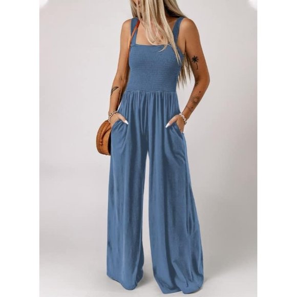 Women's Light Blue One Piece Sleeveless Wide Leg Long Pant Rompers With Pockets - Picture 2 of 6